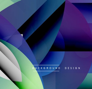 Soyut geometrik şekiller örtüşür, canlı gradyanlar yaratır. Mavi, yeşil, mor baskın kompozisyon. Modern tasarım ögesi.