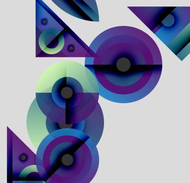 Üst üste binen daireler, üçgenler, gradyanlar içeren soyut kompozisyon. Serin renk paleti tasarıma hakim, modern estetik yaratıyor.