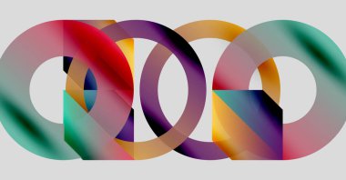 Soyut renkli daireler çakışıyor, dinamik görsel kompozisyon oluşturuyor. Gradyan renkler harmanlanarak modern sanatsal tasarım oluşturur..