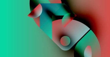 Üst üste binen şekiller, canlı renkler içeren soyut kompozisyon. Teal, kırmızı, gri karışım modern estetik yaratıyor. Minimalist tasarım.