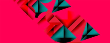 Soyut geometrik şekiller kompozisyona hükmediyor. Kırmızı, deniz mavisi renkleri pembe arka planda dinamik kontrastlar yaratır. Modern tasarım elemanları.