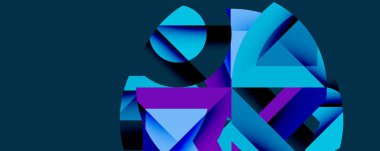 Soyut geometrik şekiller örtüşür, dinamik bileşim yaratır. Mavi, mor renkler koyu arkaplana hakim. Modern tasarım elemanları.