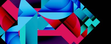 Soyut geometrik şekiller oku oluşturur. Canlı maviler, pembeler dinamik kompozisyon yaratır. Modern tasarım, dijital resimleme.