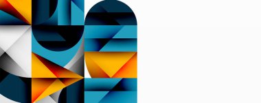 Soyut geometrik şekiller, canlı maviler, portakallar kompozisyona hakim. Temiz çizgiler, modern tasarım, minimalist estetik sunum.