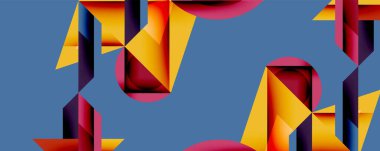 Soyut geometrik şekiller biçimlendirilmiş harfler oluşturur. Kalın renkli, kırmızı, mavi ve dinamik kompozisyon. Modern tasarım derinliği, boyutu, görsel ilgiyi çağrıştırıyor.