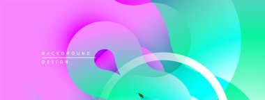 Soyut sıvı şekilleri canlı pembeler, morlar, yeşillikler harmanlıyor. Üst üste binen katmanlar dinamik görsel doku yaratır. Modern tasarım ögesi.