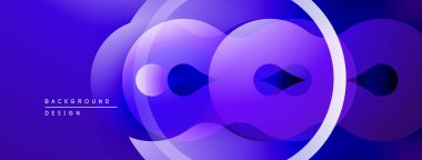 Soyut daireler üst üste binerek dinamik mor gradyanlar oluşturuyor. Modern tasarım derinliği, akıcılığı, görsel ilgiyi çağrıştırıyor.