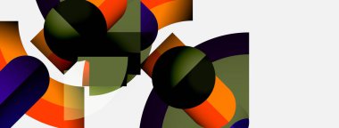 Soyut geometrik bileşim. Daireler, kavisler, dikdörtgenler dinamik görsel etkileşim yaratır. Renkler arasında turuncu, mor, siyah, zeytin var. Minimalist tasarım.