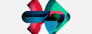 Soyut grafik tasarımı üst üste binen renkli şekiller. Mavi, kırmızı, deniz mavisi elementleri dinamik bileşim oluşturur. Minimalist tarz, modern estetik.