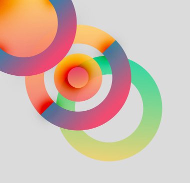 Soyut renkli daireler çakışıyor, dinamik görsel efekt yaratıyor. Gradyan renkler harmanlanarak modern kompozisyon oluşturur.