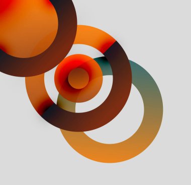 Üst üste binen daireler içeren soyut kompozisyon. Sıcaklık baskın gelir, akışkan ve dinamik görsel etki yaratır. Minimalist tasarım.