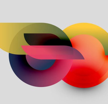 Soyut renkli çakışan daireler dinamik bileşim oluşturur. Gradyan renkler harmanlanarak modern görsel deneyimi oluşturur..