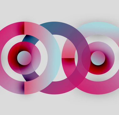 Soyut daireler örtüşüyor, canlı renk eğimleri yaratıyor. Pembe, mavi, mor renkler kompozisyona hakim. Minimalist tasarım.