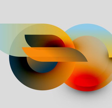 Soyut kompozisyon. Üst üste binen daireler dinamik görsel efekt yaratır. Sıcak, serin renkler kusursuz bir şekilde harmanlanır. Modern tasarım.