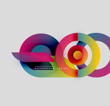 Soyut renkli çakışan daireler dinamik bileşim oluşturur. Modern tasarım elementleri enerji, hareket, yenilik önerir. Gri arkaplan karşıtlık sağlar.