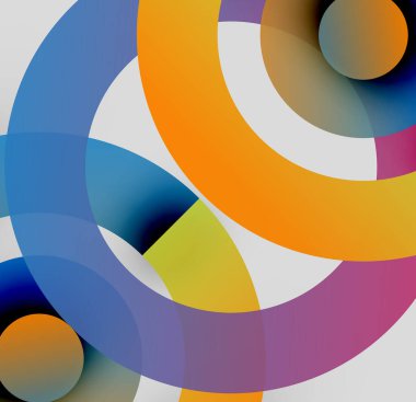 Soyut renkli daireler çakışıyor, dinamik görsel kompozisyon oluşturuyor. Parlak renkler karışır, yumuşak renkler oluşturur. Modern tasarım.