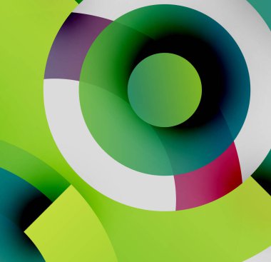 Üst üste binen daireler içeren soyut kompozisyon. Canlı yeşiller, maviler, morlar dinamik görsel efektler yaratır. Modern tasarım, temiz çizgiler.