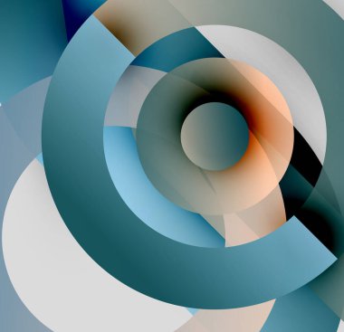 Soyut eşmerkezli daireler, sessiz renkler, üst üste binen şekiller dinamik görsel efektler yaratır. Minimalist tasarım, modern estetik.