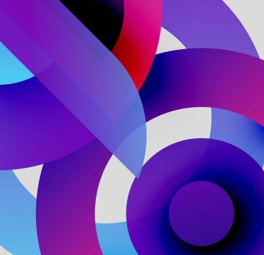 Üst üste binen renkli daireler içeren soyut bir kompozisyon. Gözlükler canlı mavilerden, morlardan, pembelerden ve beyaz elementlerden farklı. Modern tasarım.