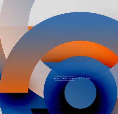 Soyut geometrik şekiller çakışıyor. Daireler, dikdörtgenler dinamik bileşim oluşturur. Mavi, turuncu renkler tasarımda baskın. Modern estetik.