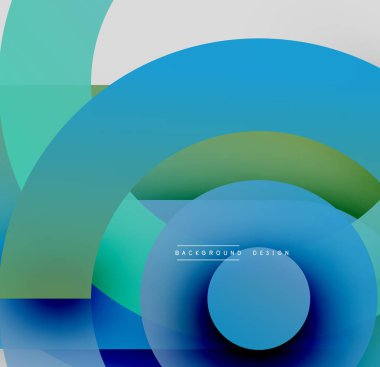 Soyut kompozisyon. Üst üste binen daireler, kareler dinamik görsel efektler yaratır. Mavi, yeşil renkler tasarıma hakim. Modern, temiz estetik.