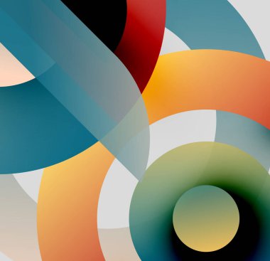 Soyut kompozisyon. Üst üste binen daireler, gradyanlar, sessiz renkler dinamik görsel efekt yaratır. Modern tasarım, basit şekiller..