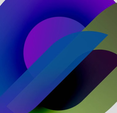 Soyut kompozisyon. Üst üste binen şekiller canlı değişimler yaratır. Mavi, mor, yeşil renkler tasarımda baskın. Modern estetik.