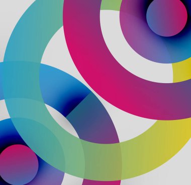 Soyut kompozisyon. Üst üste binen renkli çemberler dinamik görsel efekt yaratır. Parlak renkler harmanlanır, modern tasarımı oluşturur..