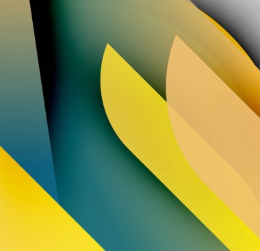 Üst üste binen kıvrımlı şekiller içeren soyut bileşim. Renkler sarı, altın, deniz mavisi, siyah, gri. Minimalist tasarım, pürüzsüz gradyanlar.