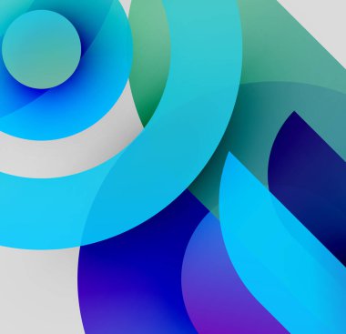 Soyut kompozisyon. Üst üste binen daireler, canlı maviler, yeşiller sıvı şekiller oluşturur. Modern tasarım, pürüzsüz gradyanlar hakim..