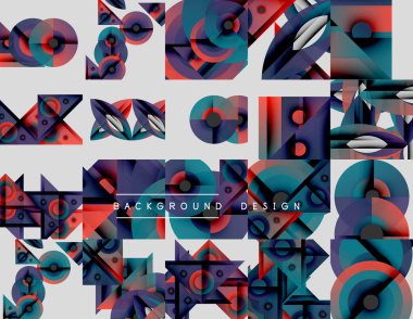 Soyut geometrik desenler. Canlı renkler, şekiller örtüşüyor dinamik görsel doku yaratıyor. Modern tasarım elemanları.