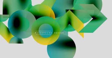 Soyut şekiller örtüşüyor, canlı gradyanlar yaratıyor. Sarılar, yeşiller, maviler beyaz zeminde kusursuz bir şekilde harmanlanır. Modern tasarım ögesi.