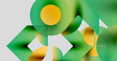 Soyut geometrik şekiller çakışıyor. Yeşil, sarı renkler tasarıma hakim. Modern estetik, temiz çizgiler dinamik bileşim sunar.