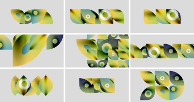 Soyut tasarımlar canlı renk eğimlerini sergiler. Şekiller örtüşüyor, dinamik görsel kompozisyonlar oluşturuyor. Sarı ve yeşiller palete hakim..