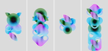 Soyut sanat eserleri renkli örtüşen şekiller içerir. Renkler mavileri, morları, yeşillikleri karıştırarak sıvı formlar oluşturur. Minimalist tasarım, modern estetik.