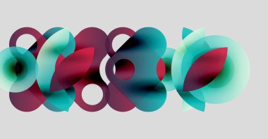 Üstüste binen şeffaf daireler içeren soyut bir kompozisyon. Renkler arasında yeşil, kırmızı, beyaz, dinamik görsel etki yaratan.