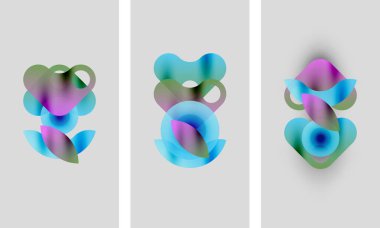 Soyut sanat eserleri. Üç panelde üst üste binen renkli şekiller, gradyanlar ve yumuşak renkler var. Minimalist tasarım, modern estetik.