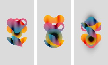 Soyut renkli şekiller örtüşür, dinamik kompozisyonlar oluşturur. Üç panel, renk ve konum olarak biraz değişken benzer biçimleri gösterir.