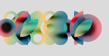 Soyut renkli çakışan daireler dinamik görsel kompozisyon oluşturur. Yumuşak eğimler derinlik, hareket, modern tasarım.