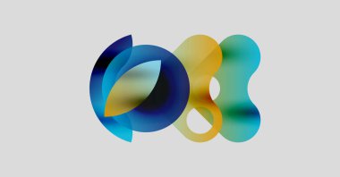 Soyut renkli şekiller örtüşür, dinamik görsel efekt yaratır. Mavi, sarı, turkuaz renkler nötr arka plana hakim. Modern tasarım.