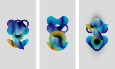 Soyut sanat eserleri. Üç panelde akan mavi şekiller, gradyanlar, yumuşak kenarlar var. Minimalist tasarım, hafif arkaplan, modern estetik.