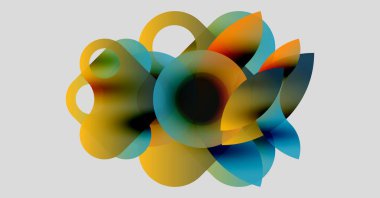 Üst üste binen renkli daireler, gradyanlar, akışkan şekiller içeren soyut bir kompozisyon. Modern tasarım, canlı renkler, minimalist estetik.