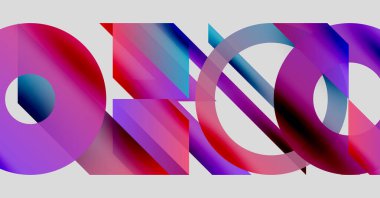 Üst üste binen renkli daireler, gradyanlar içeren soyut kompozisyon. Modern tasarım, canlı renkler, dinamik şekiller görsel ilgi yaratır..