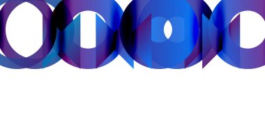 Soyut grafik tasarım renkli çakışan daireler içerir. Mor, mavi renkler beyaz arkaplana hakim. Modern, minimalist estetik.