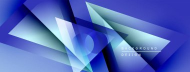 Soyut geometrik şekiller çakışıyor, dinamik mavi gradyanlar yaratıyor. Modern tasarım öğeleri teknoloji, yenilik, gelecek kavramları önerir.