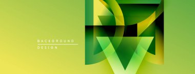 Soyut geometrik tasarım. Yeşil, sarı gradyanlar modern arkaplan oluşturur. Üst üste binen şekiller derinliği, dinamizmi gösteriyor. Minimalist stil.