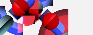 Soyut bileşim kırmızı küreler, mavi şekiller, geometrik formlar içerir. Minimalist tasarım canlı renkler, temiz çizgiler, modern estetik.