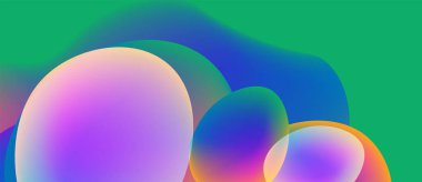 Soyut renkli şekiller örtüşüyor, canlı gradyanlar yaratıyor. Mor, mavi, yeşil, turuncu renkler arasındaki pürüzsüz geçişler kompozisyona hakim..