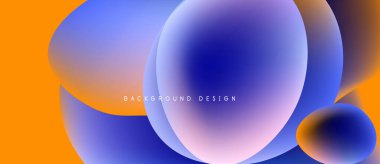 Soyut sıvı şekilleri örtüşür ve canlı renk değişimleri yaratır. Turuncu, mavi, mor renkler düzgün bir şekilde harmanlanır. Modern tasarım ögesi.