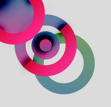 Üst üste binen renkli daireler içeren soyut bir kompozisyon. Gradyan gölgeler derinlik yaratır, modern estetik. Minimalist tasarım, canlı renkler.